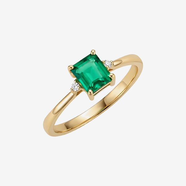 Rectangular Emerald and Diamond Four-Prong Ring in 14K Yellow Gold | JJ Jewelry