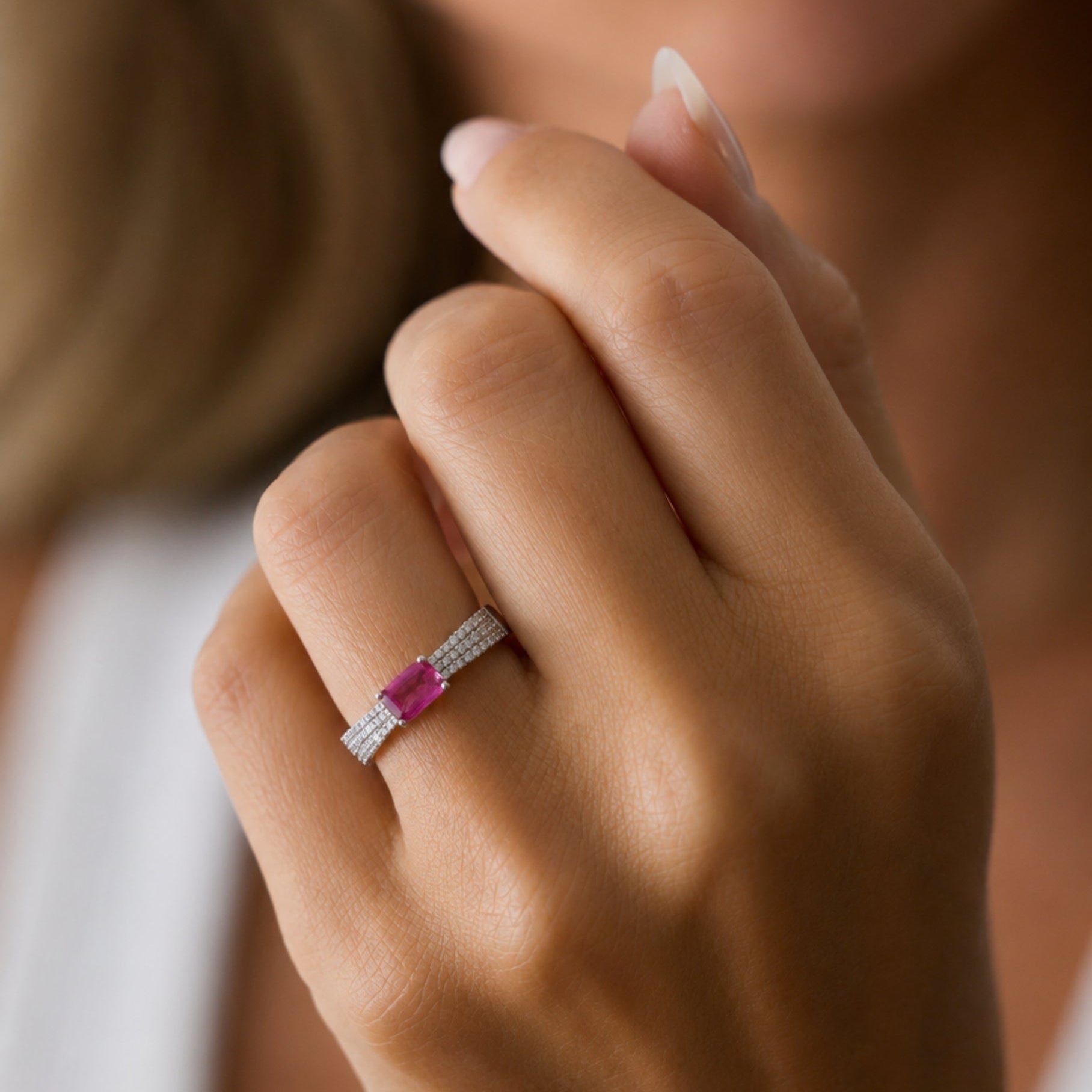 Rectangular Ruby Pavé Diamond Cocktail Ring in 18K Gold