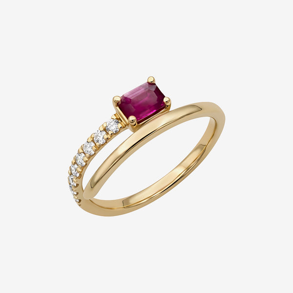 Rectangular Ruby and Diamond Crossover Ring in 14K Yellow Gold | JJ Jewelry