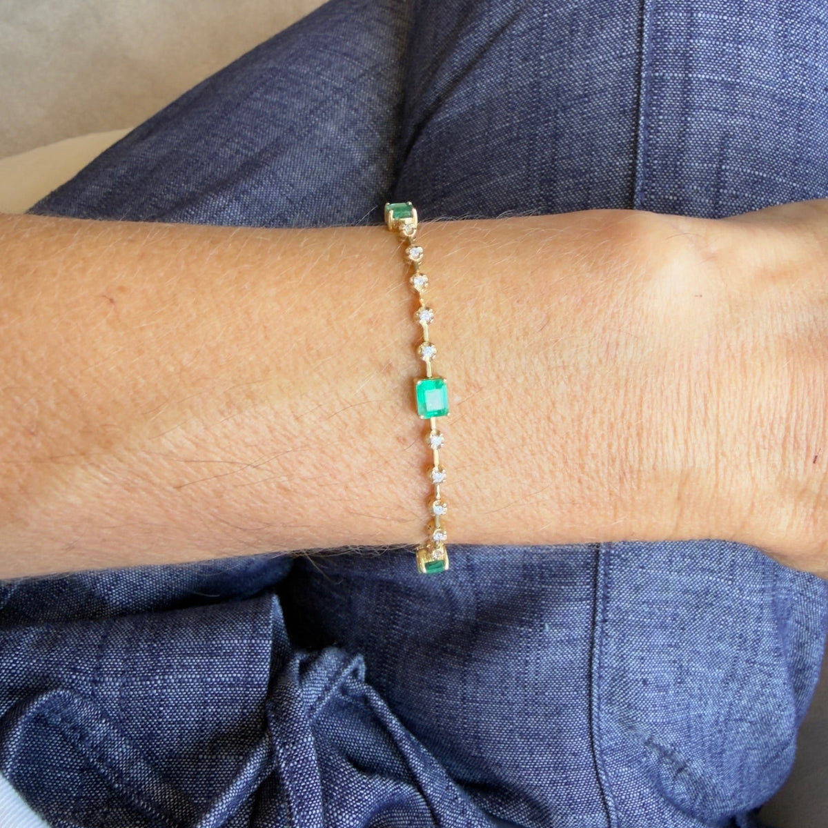 Renata Oval Emerald and Diamond Bracelet, lifestyle view 1 | JJ Jewelry