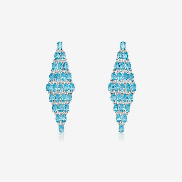 Rhombus Blue Topaz and Diamond Drop Earrings in 18K White Gold, gray background | JJ Jewelry Miami