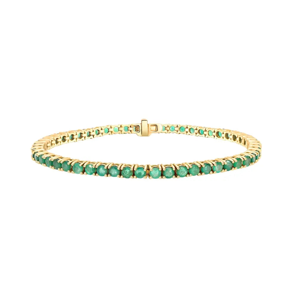 Round Emerald Tennis Bracelet in 14K Yellow Gold | JJ Jewelry Miami
