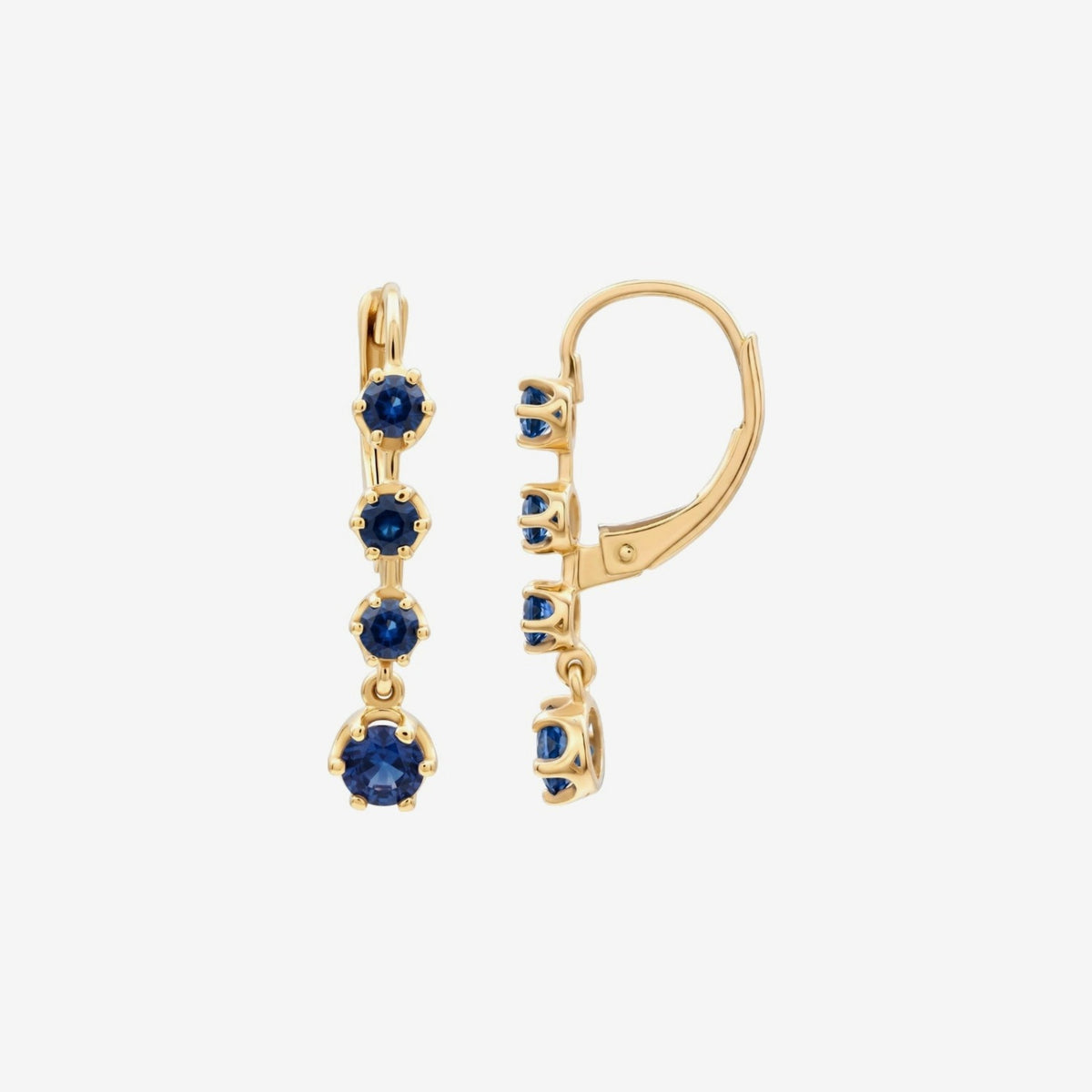 Round Gemstone Leverback Drop Earrings in 14K Yellow Gold with Blue Sapphire, gray background | JJ Jewelry Miami