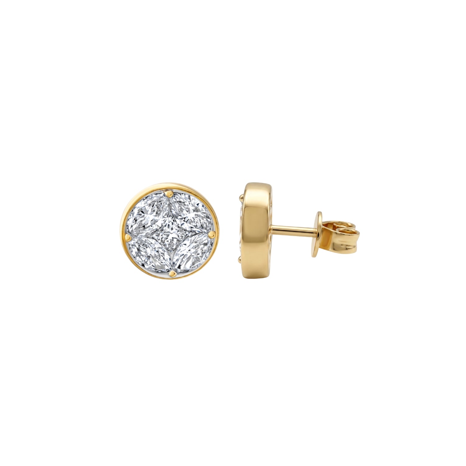 Round mosaic diamond bezel stud earrings in 18K yellow gold | JJ Jewelry