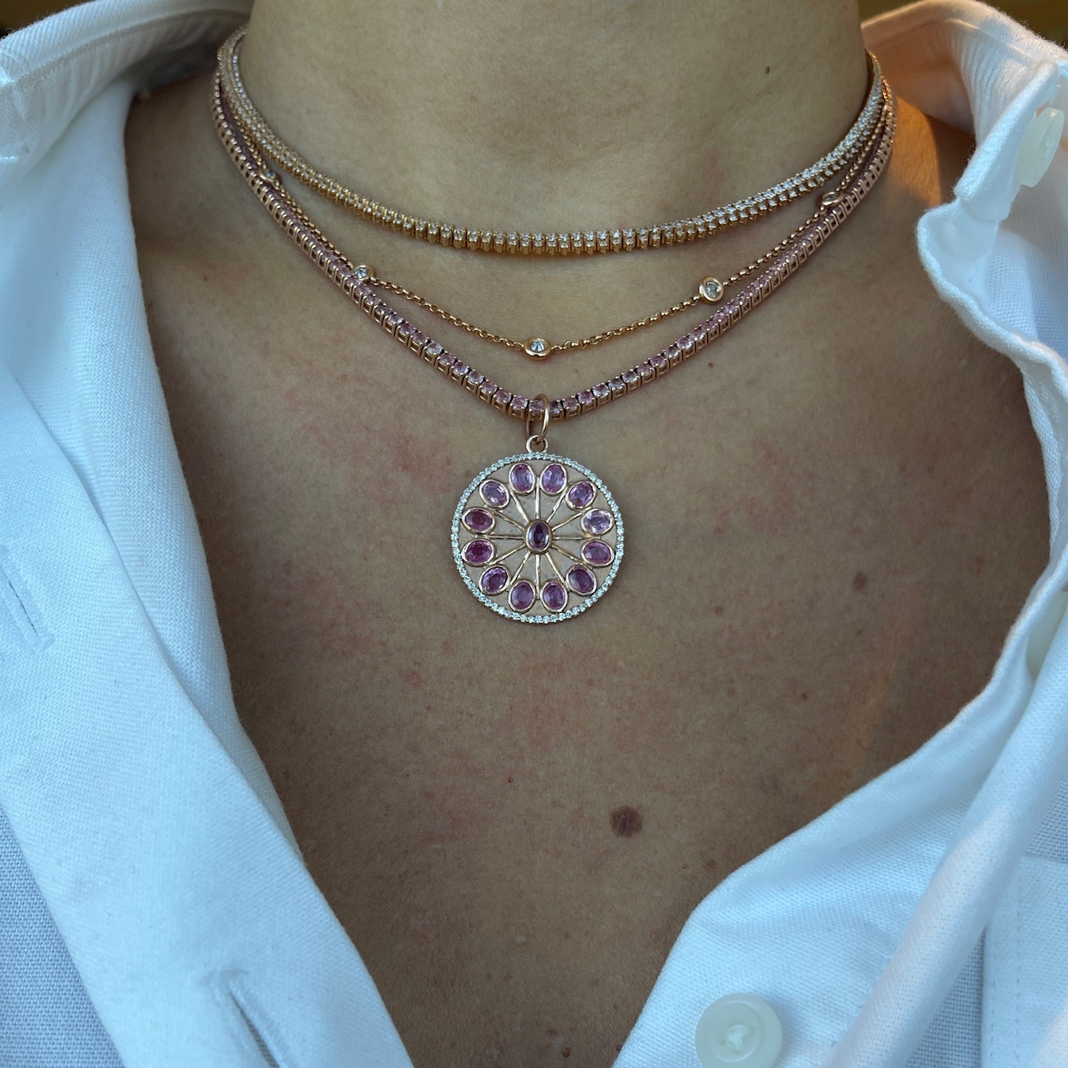 Round Pink Sapphire & Diamonds Pendant