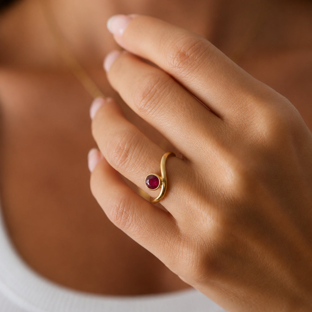 Round Ruby Bezel-Set Ring, lifestyle view 1 | JJ Jewelry