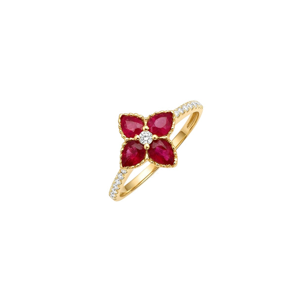 Ruby Flower Pavé Diamond Ring in 18K Yellow Gold | JJ Jewelry Miami