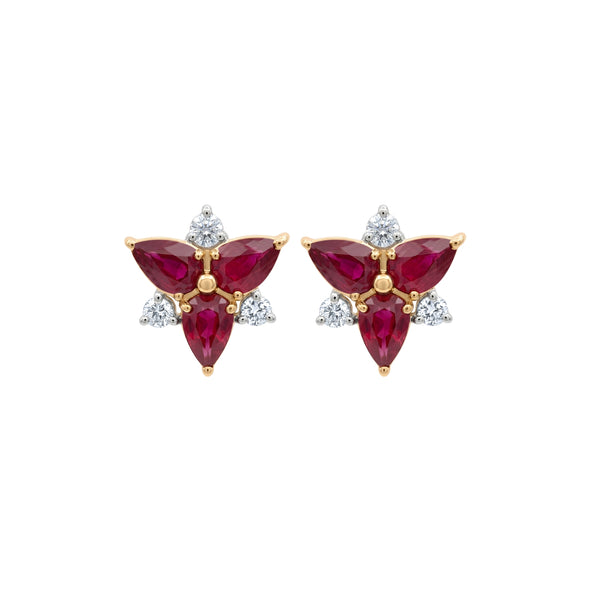 Ruby and Diamond Stud Earrings in 14K Yellow Gold | JJ Jewelry Miami