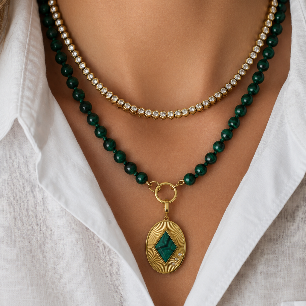Small Malachite Bead Necklace in 14K Yellow Gold