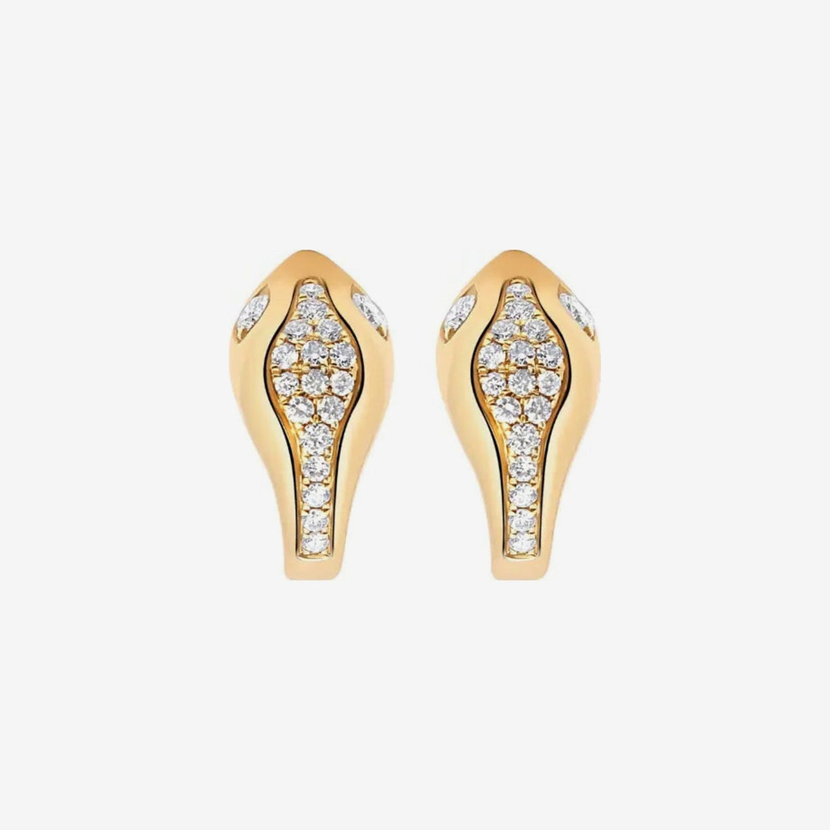 Snake Head Diamond Hoop Earrings in 18K Yellow Gold, gray background | JJ Jewelry Miami
