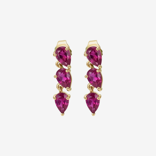 Three Pear Gemstone Dancing Earrings in 14K Yellow Gold with Ruby, gray background | JJ Jewelry Miami