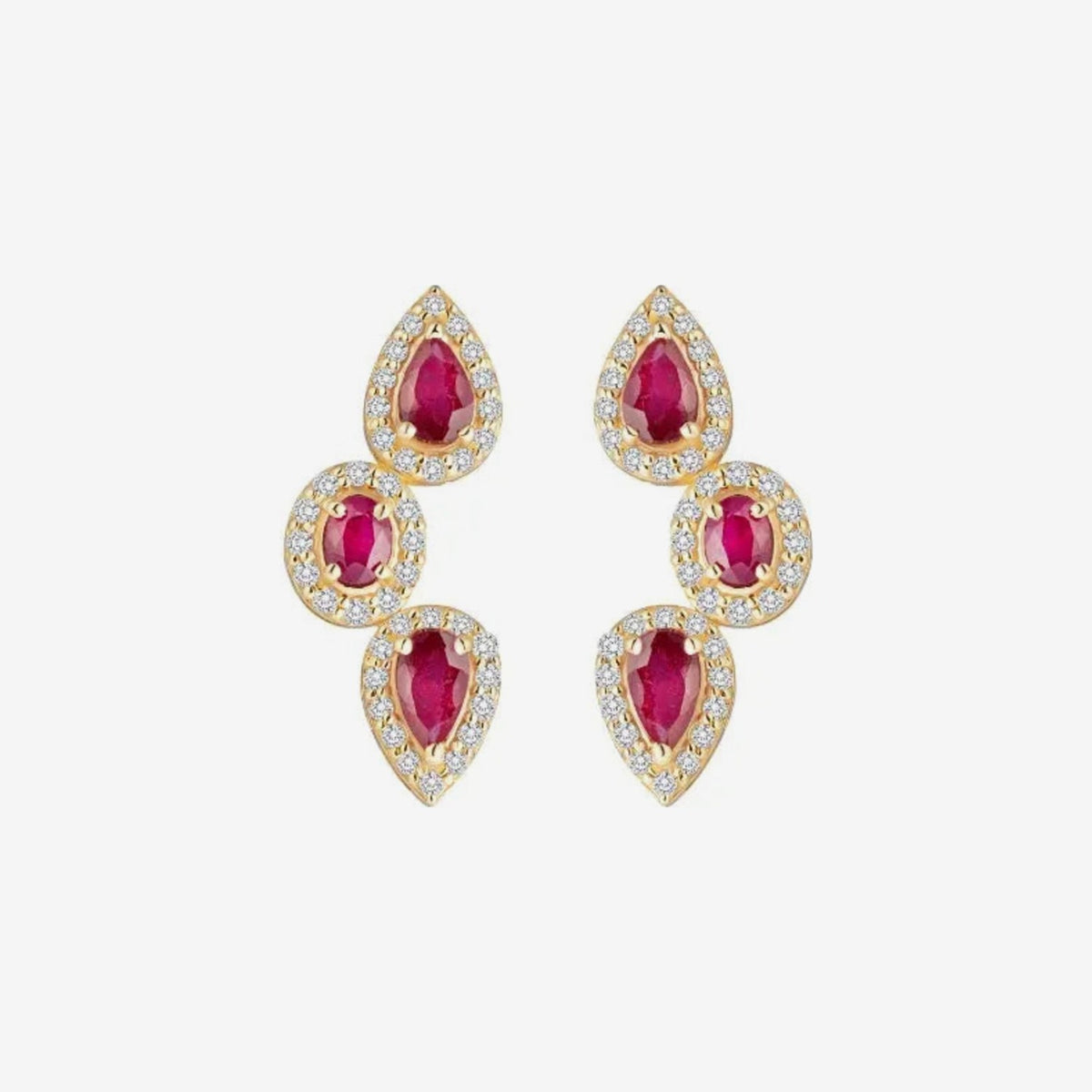 Three Pear Gemstone and Diamond Drop Earrings in 14K Yellow Gold with Ruby, gray background | JJ Jewelry Miami