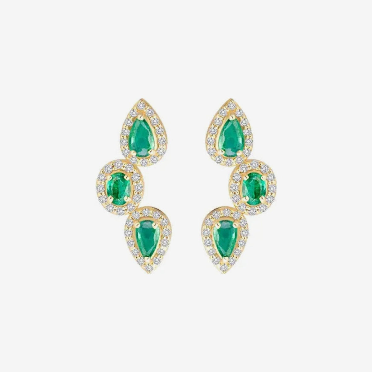 Three Pear Gemstone and Diamond Drop Earrings in 14K Yellow Gold with Emerald, gray background | JJ Jewelry Miami