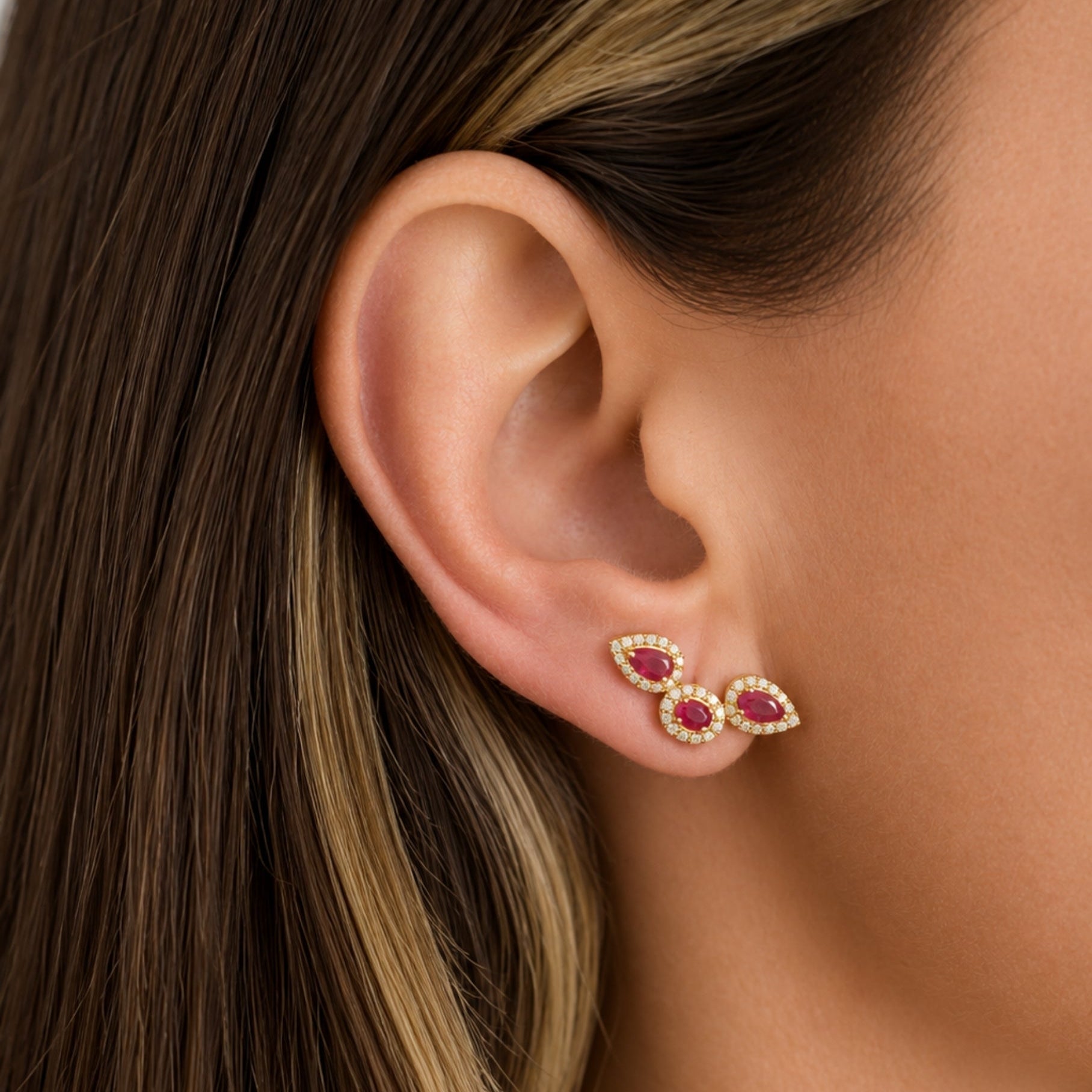 Three Pear Gemstone and Diamond Drop Earrings in 14K Yellow Gold