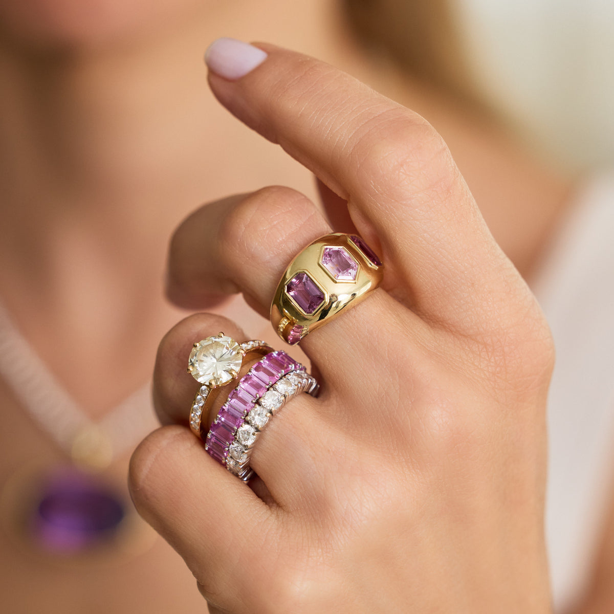 Three-Stone Pink Sapphire Wide Band Ring, lifestyle view 1 | JJ Jewelry
