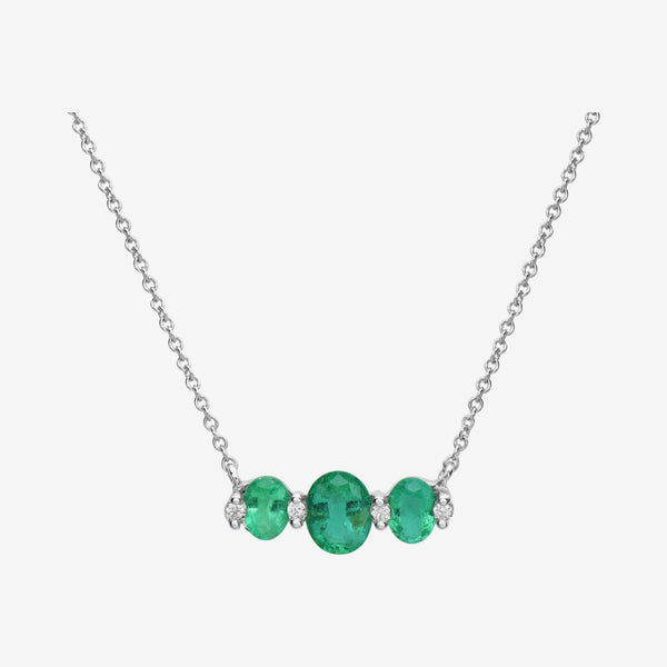 Triple Oval Emerald and Diamond Drop Necklace in 14K White Gold, gray background | JJ Jewelry Miami