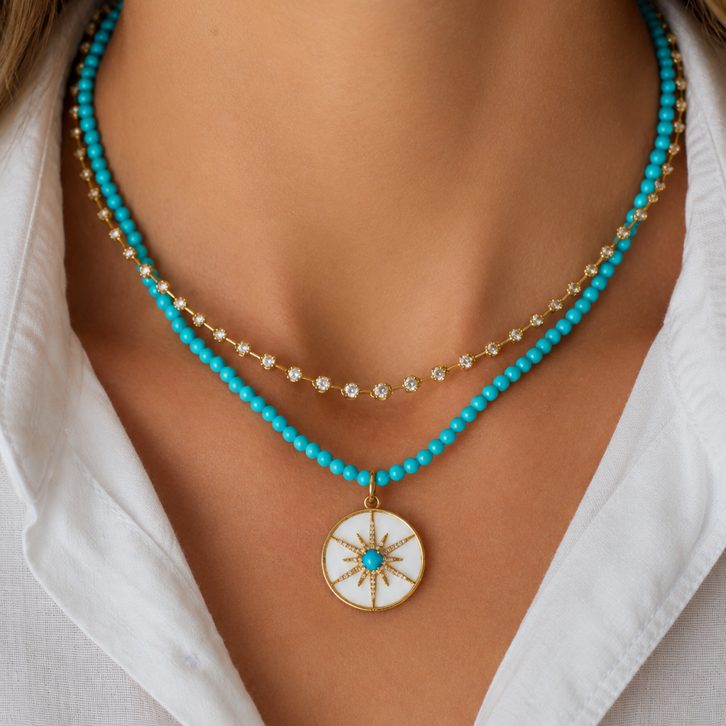 Turquoise Bead Necklace in 14K Yellow Gold