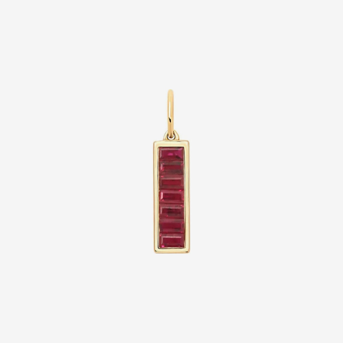 Baguette Gemstone Bar Pendant in 14K Yellow Gold, Ruby, gray background | JJ Jewelry Miami