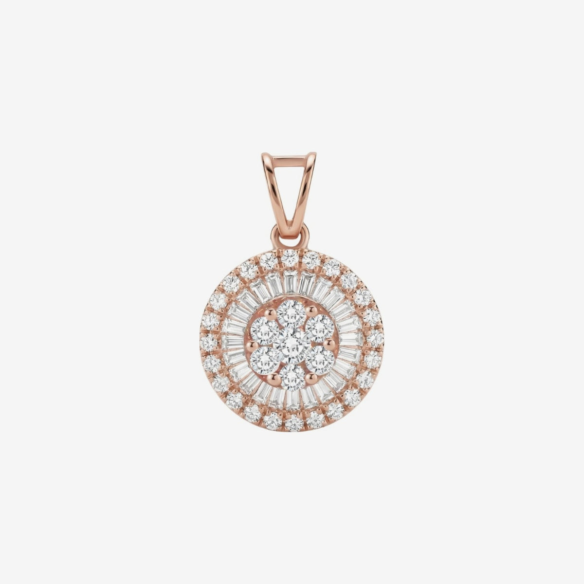 Baguette Halo Diamond Cluster Pendant in 18K Rose Gold, gray background | JJ Jewelry Miami