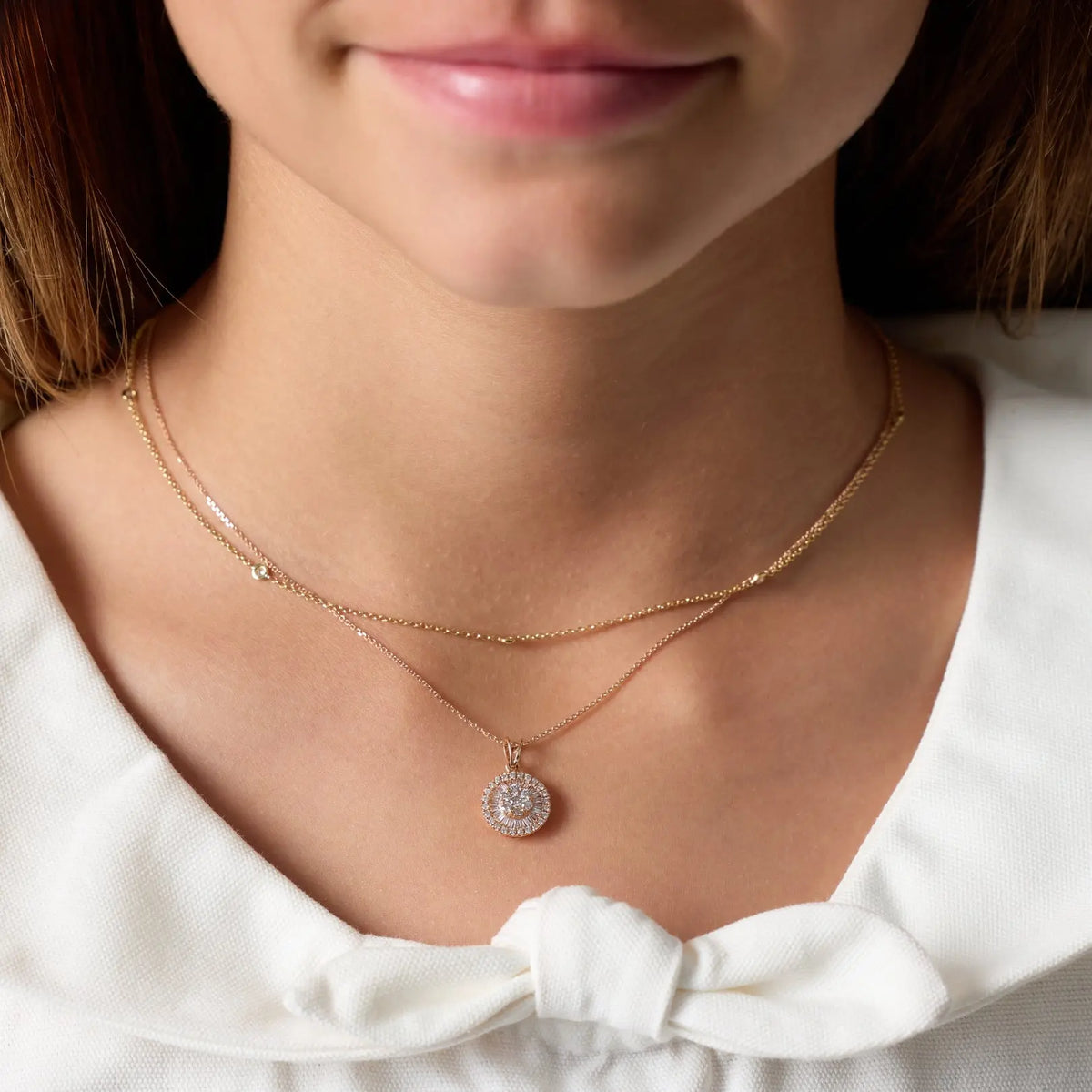 Baguette Halo Diamond Cluster Pendant, lifestyle view 1 | JJ Jewelry