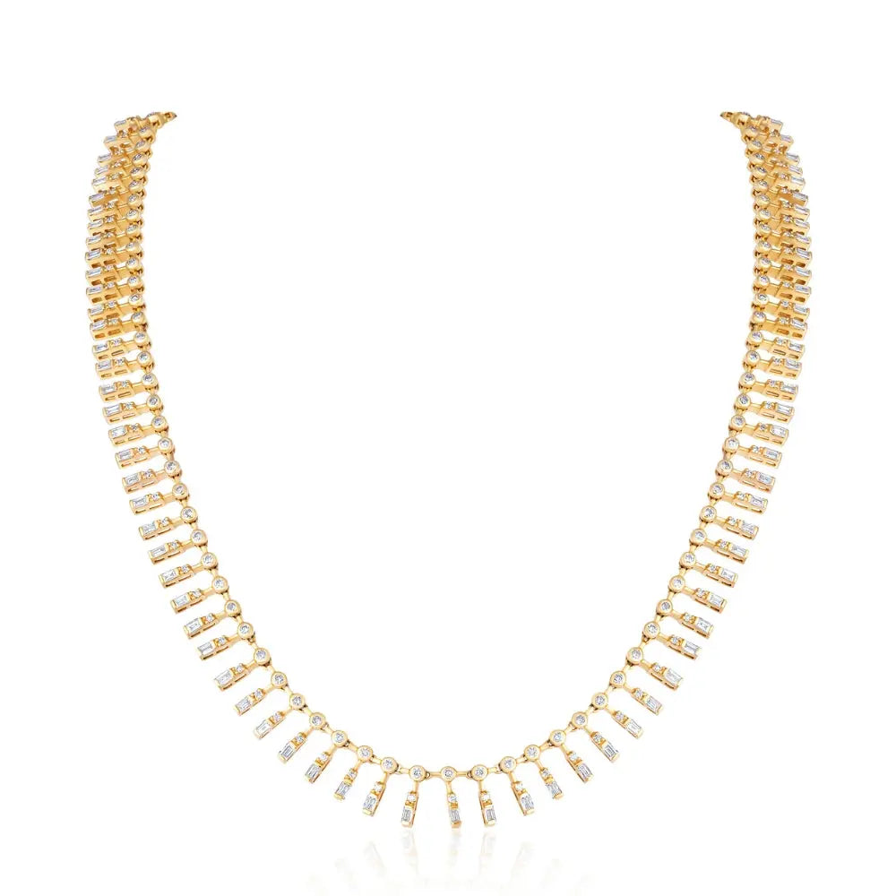 Bezel floating diamond necklace modern fine jewelry JJ Jewelry