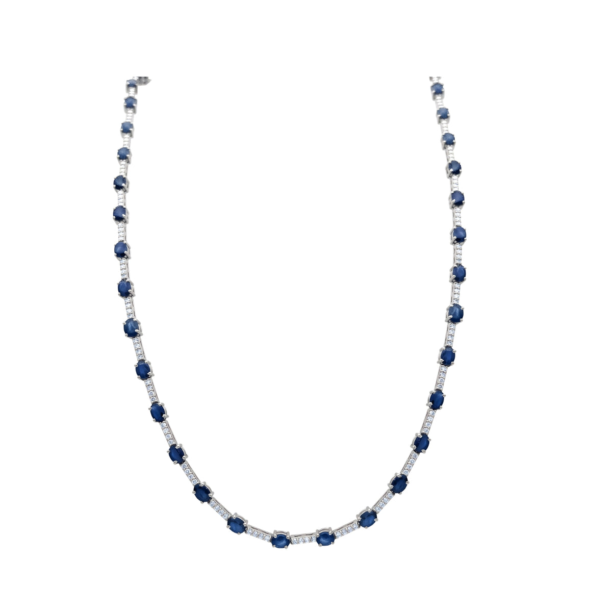 Blue Sapphire and Diamond Station Necklace in 14K White Gold | JJ Jewelry Miami