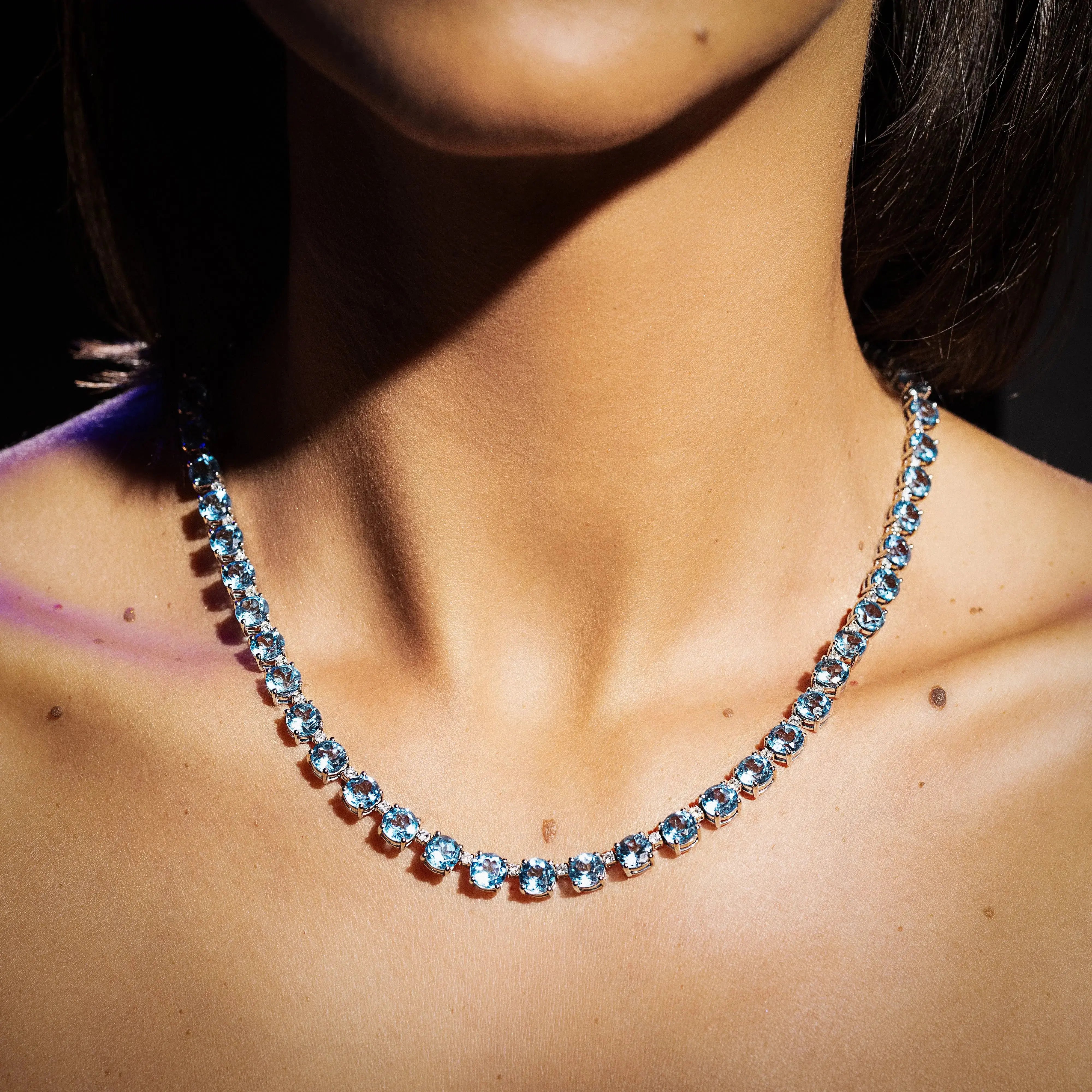 18K white gold statement necklace with blue topaz and diamonds