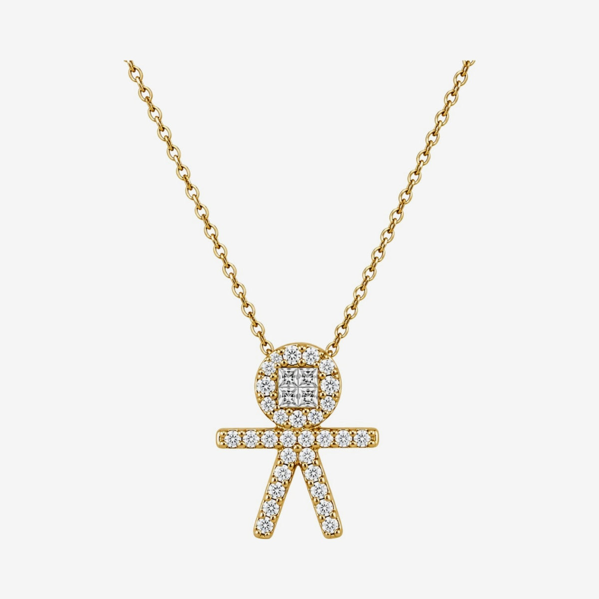 Diamond Pavé Boy Pendant Necklace in 18K Yellow Gold, gray background | JJ Jewelry Miami