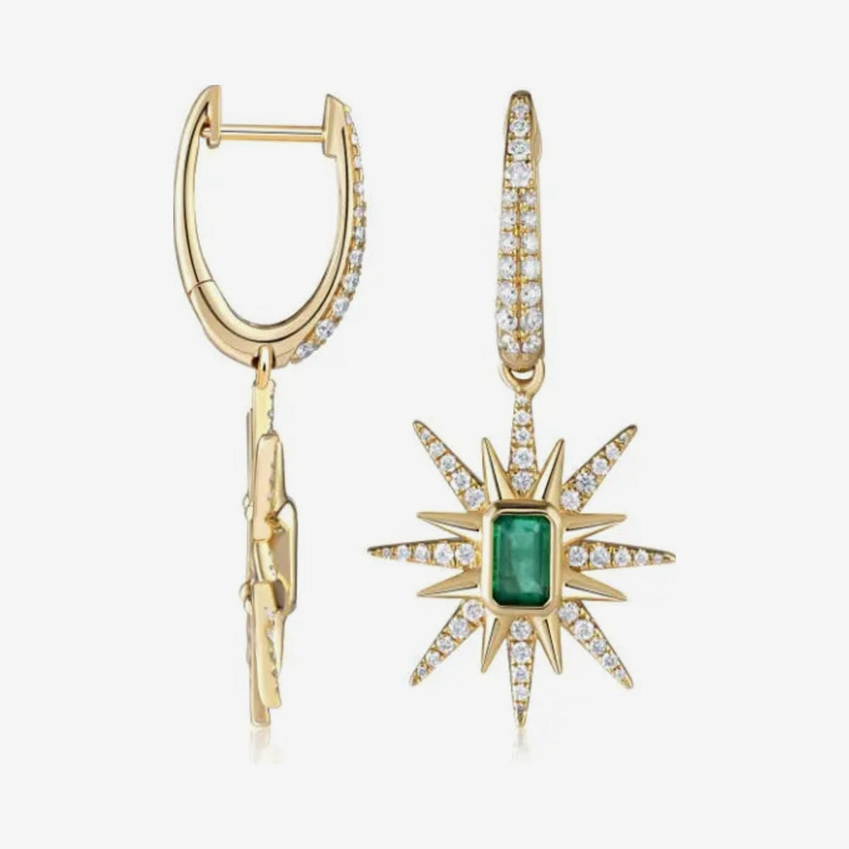 Emerald and Diamond Starburst Drop Earrings in 18K Yellow Gold, gray background | JJ Jewelry Miami