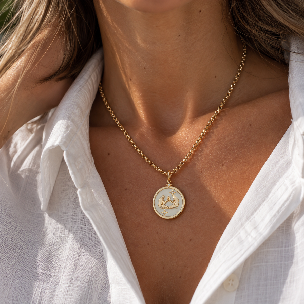 Gemini Zodiac Pendant with White Quartz & Diamonds in 18K Yellow Gold, worn on a gold chain | JJ Jewelry
