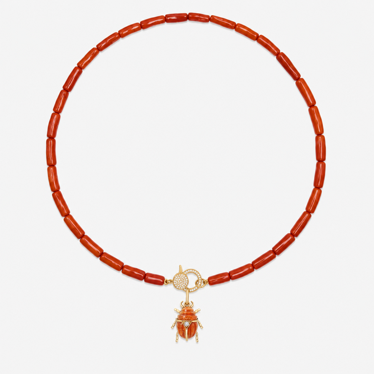 Gemstone Scarab Beetle Pendant in 14K Yellow Gold, Coral, on a coral bead necklace | JJ Jewelry Miami