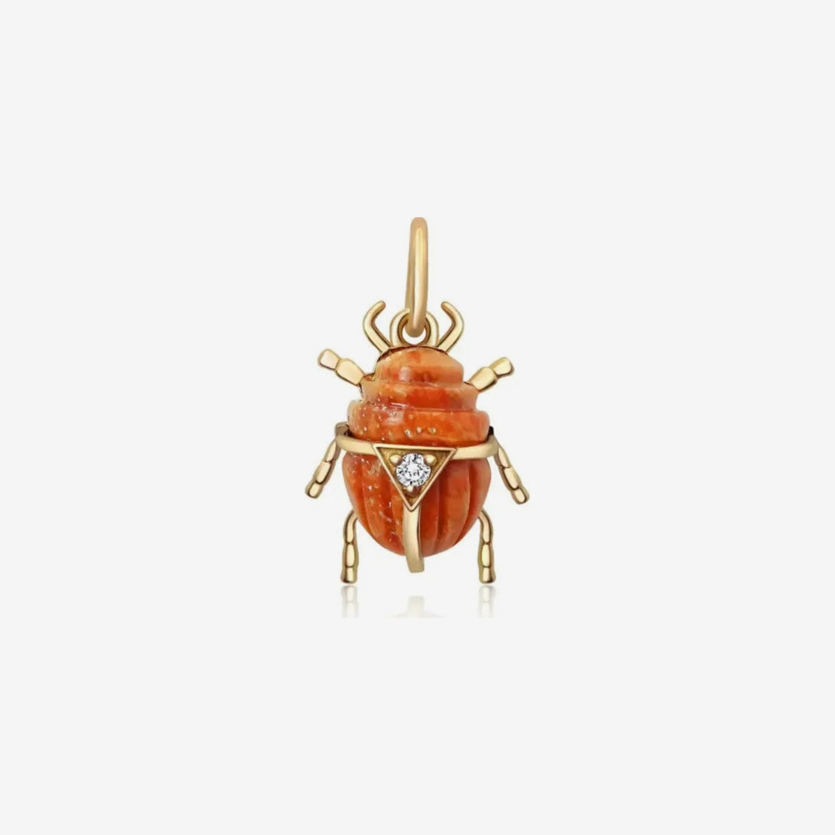 Gemstone Scarab Beetle Pendant in 14K Yellow Gold, Coral, gray background | JJ Jewelry Miami