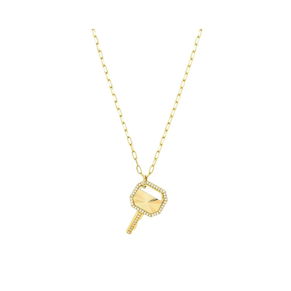 Golden Radiance Diamond Key Pendant Necklace in 18K Yellow Gold | JJ Jewelry Miami