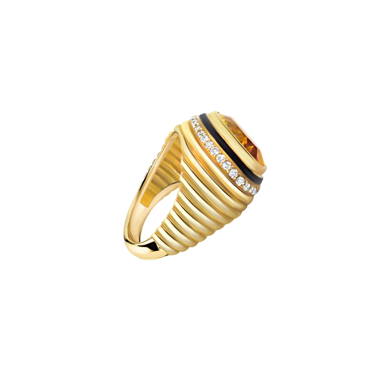 18K gold ribbed ring with marquise-cut citrine and pavé diamonds