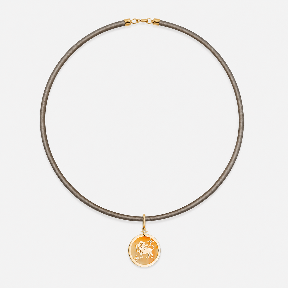 Leo Zodiac Pendant with Orange Quartz & Diamonds in 18K Yellow Gold, styled on a taupe cord choker | JJ Jewelry