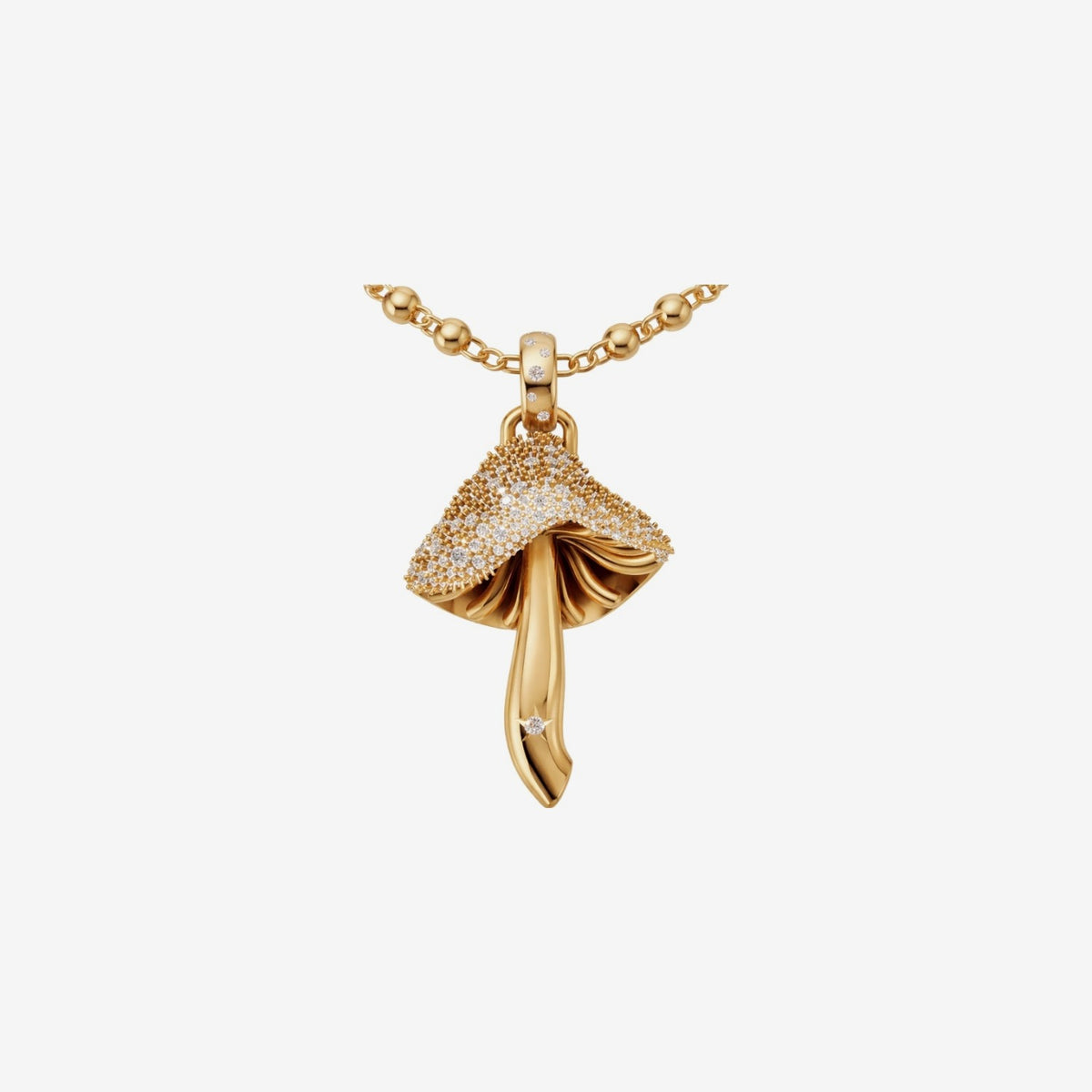 Magic Mushroom Pavé Diamond Pendant in 18K Yellow Gold by Alessa Rocks, on a bead chain | JJ Jewelry Miami