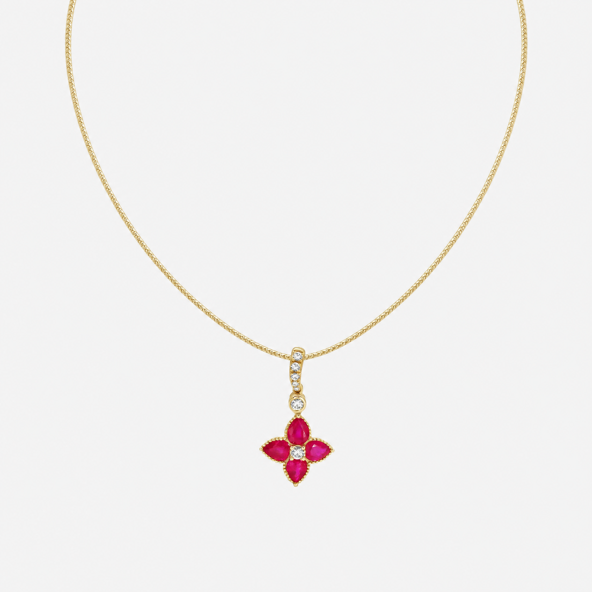 Mini Gemstone Flower Pendant with Diamonds in 18K Yellow Gold, Ruby, on chain | JJ Jewelry Miami