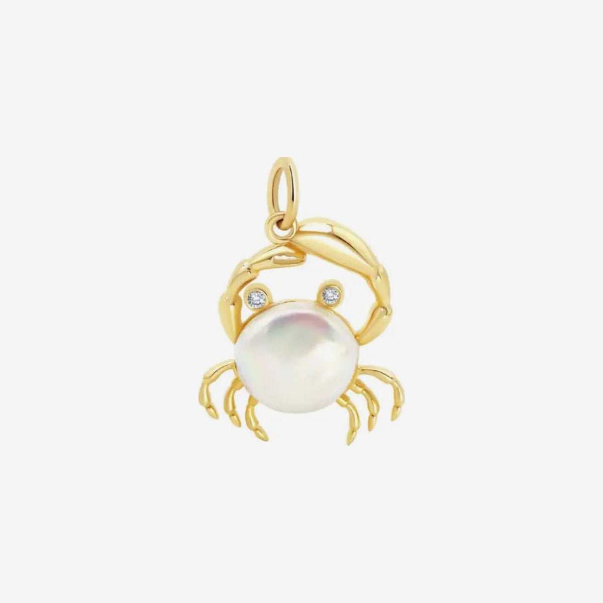 Mother-of-Pearl Crab Pendant with Diamonds in 14K Yellow Gold, gray background | JJ Jewelry Miami
