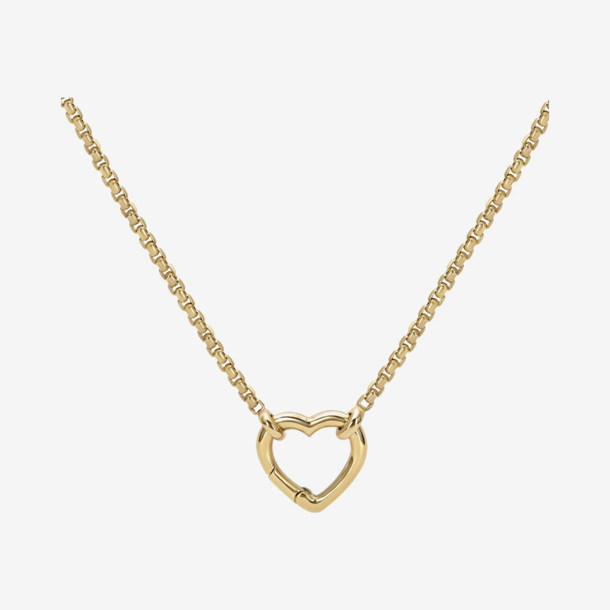 Open Heart Pendant Necklace on Box Chain in 14K Yellow Gold, gray background | JJ Jewelry Miami
