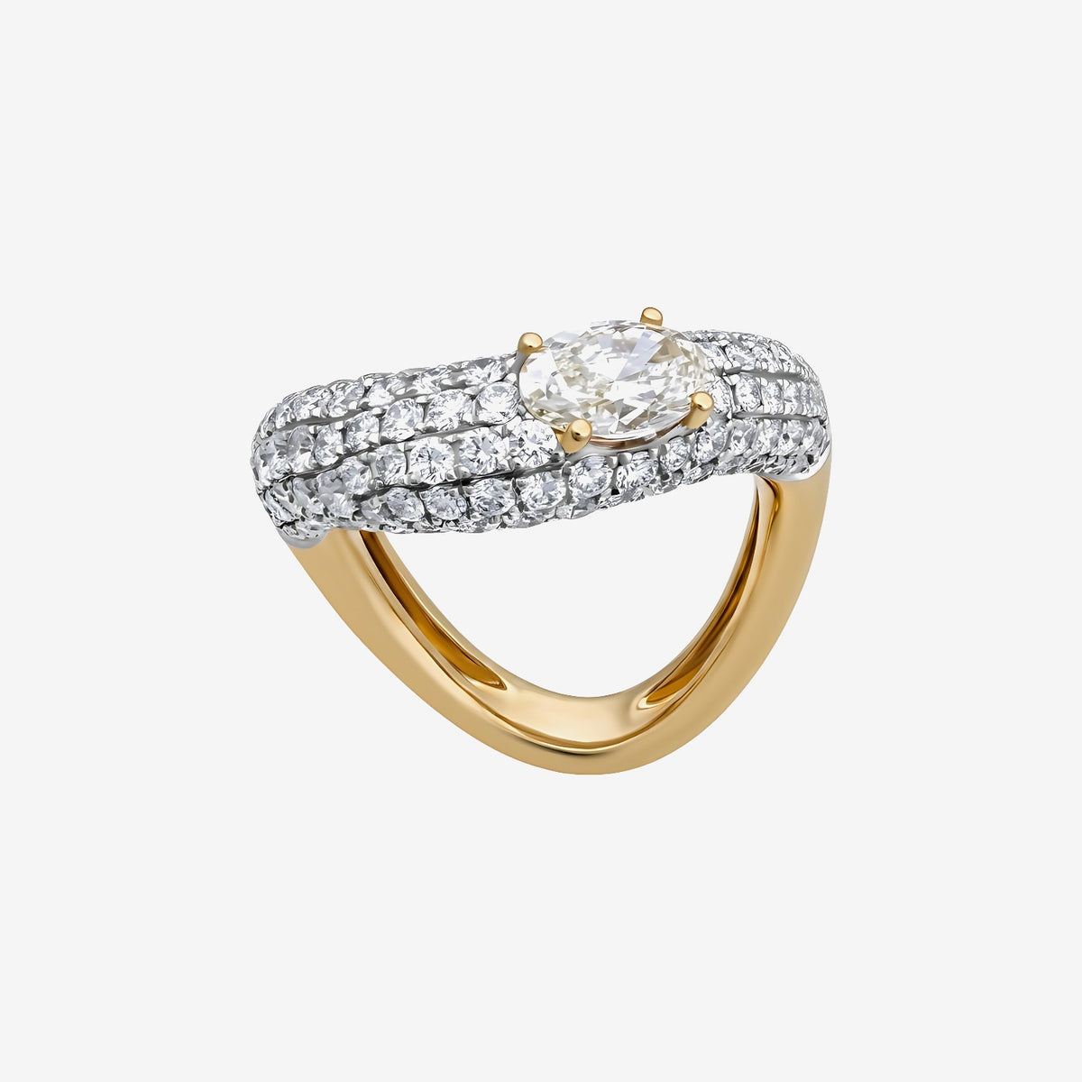 Oval Diamond and Pavé Band Ring in 18K Two-Tone Gold | JJ Jewelry