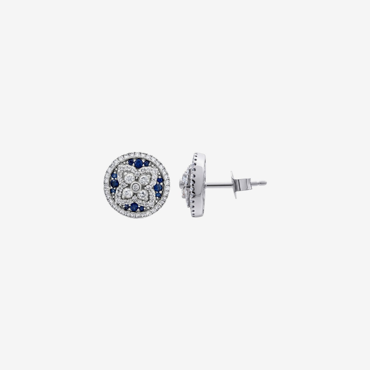Pavé Blue Sapphire and Diamond Floral Stud Earrings in 14K White Gold, gray background | JJ Jewelry Miami