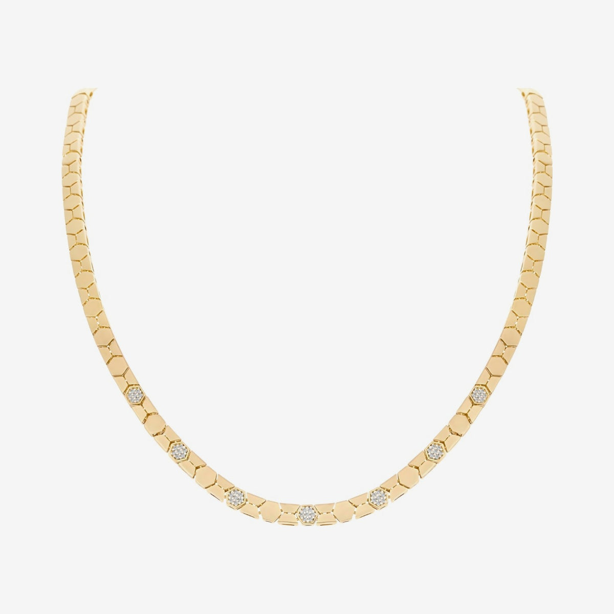 Pavé Diamond Honeycomb Link Necklace in 18K Yellow Gold, gray background | JJ Jewelry Miami