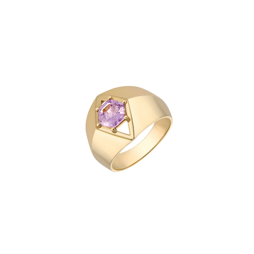 Pink sapphire ring in 18K yellow gold with geometric setting – JJ Jewelry