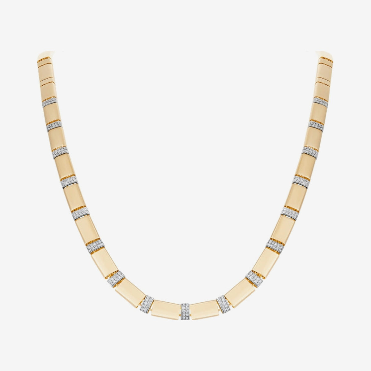 Rectangular Pavé Diamond Flex Link Necklace in 18K Yellow Gold, gray background | JJ Jewelry Miami