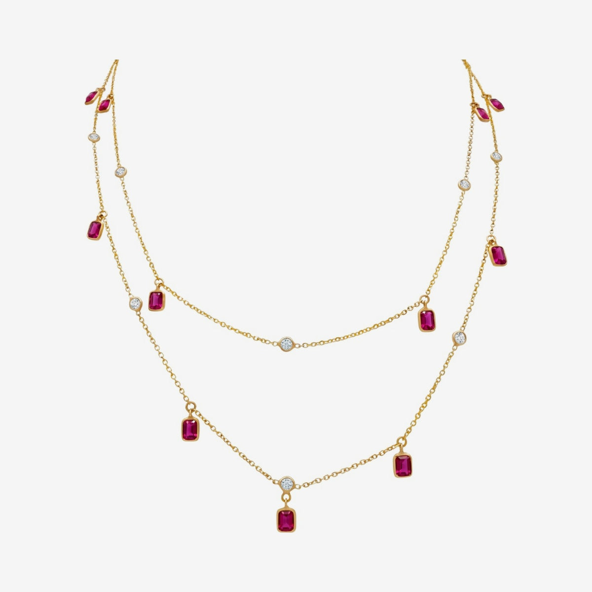 Ruby and Diamond Double Station Necklace in 14K Yellow Gold, gray background | JJ Jewelry Miami