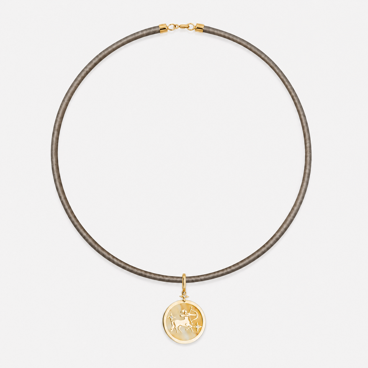 Sagittarius Zodiac Pendant with Orange Quartz & Diamonds in 18K Yellow Gold, styled on a taupe cord choker | JJ Jewelry