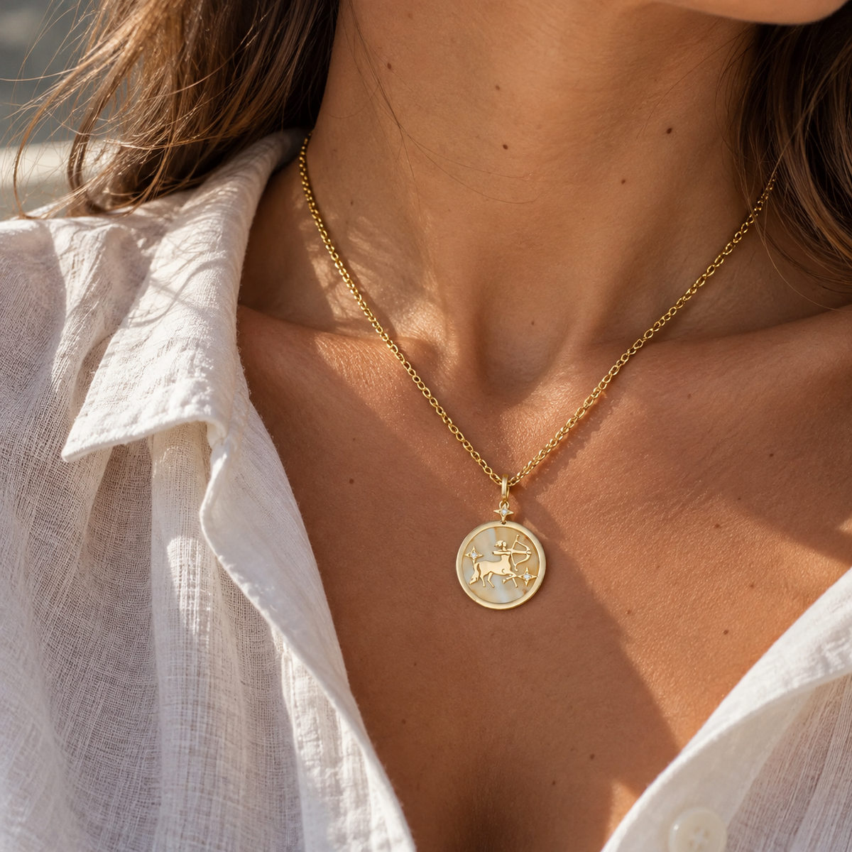 Sagittarius Zodiac Pendant with Orange Quartz & Diamonds in 18K Yellow Gold, worn on a gold chain | JJ Jewelry