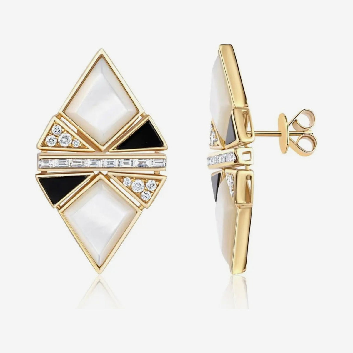 Small Onyx and Mother-of-Pearl Earrings in 18K Yellow Gold, gray background | JJ Jewelry Miami