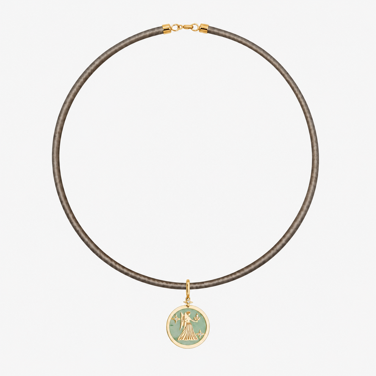 Virgo Zodiac Pendant with Green Quartz & Diamonds in 18K Yellow Gold, styled on a taupe cord choker | JJ Jewelry