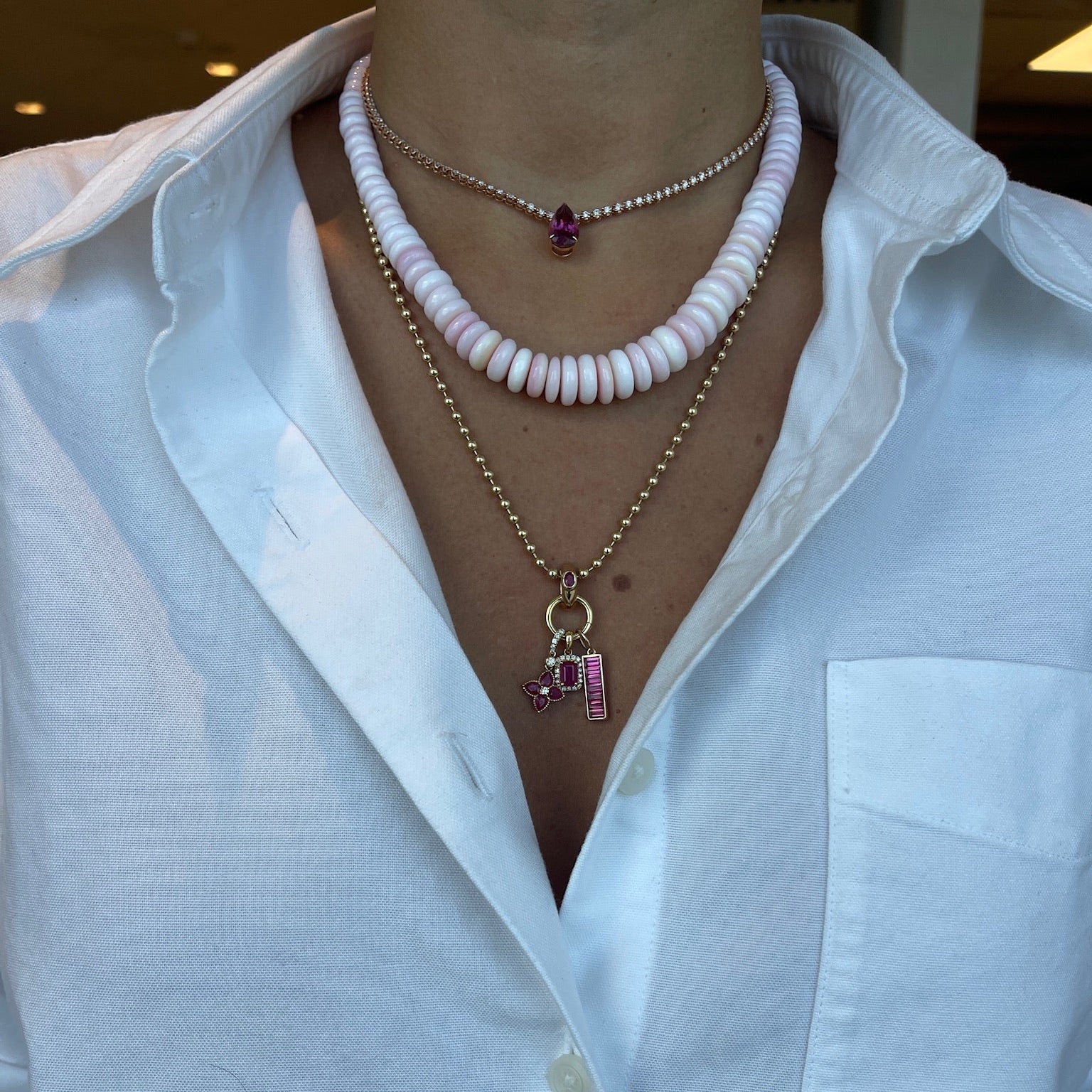 Mini Floral Pendant with Emerald or Ruby and Diamonds in Yellow Gold